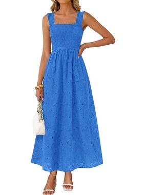 🆕 Women's Royal Blue Boho Sleeveless Square Neck Cotton Flowy Long Maxi Dress